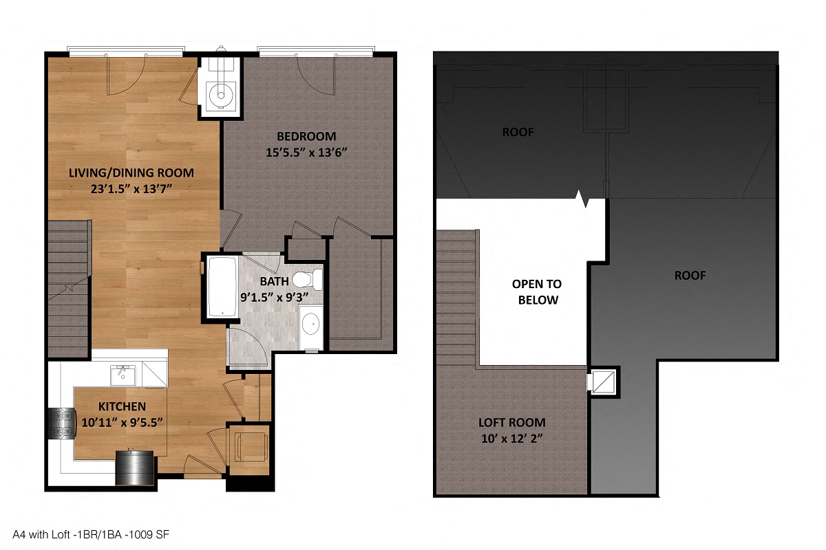 Floor plan for 1 bed, 1 bath, 1009 sqft